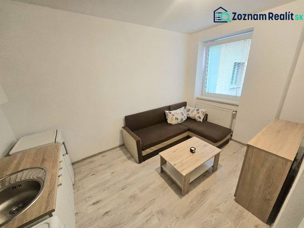 Living room in a studio apartment with a sofa, kitchenette, and wooden decor flooring.