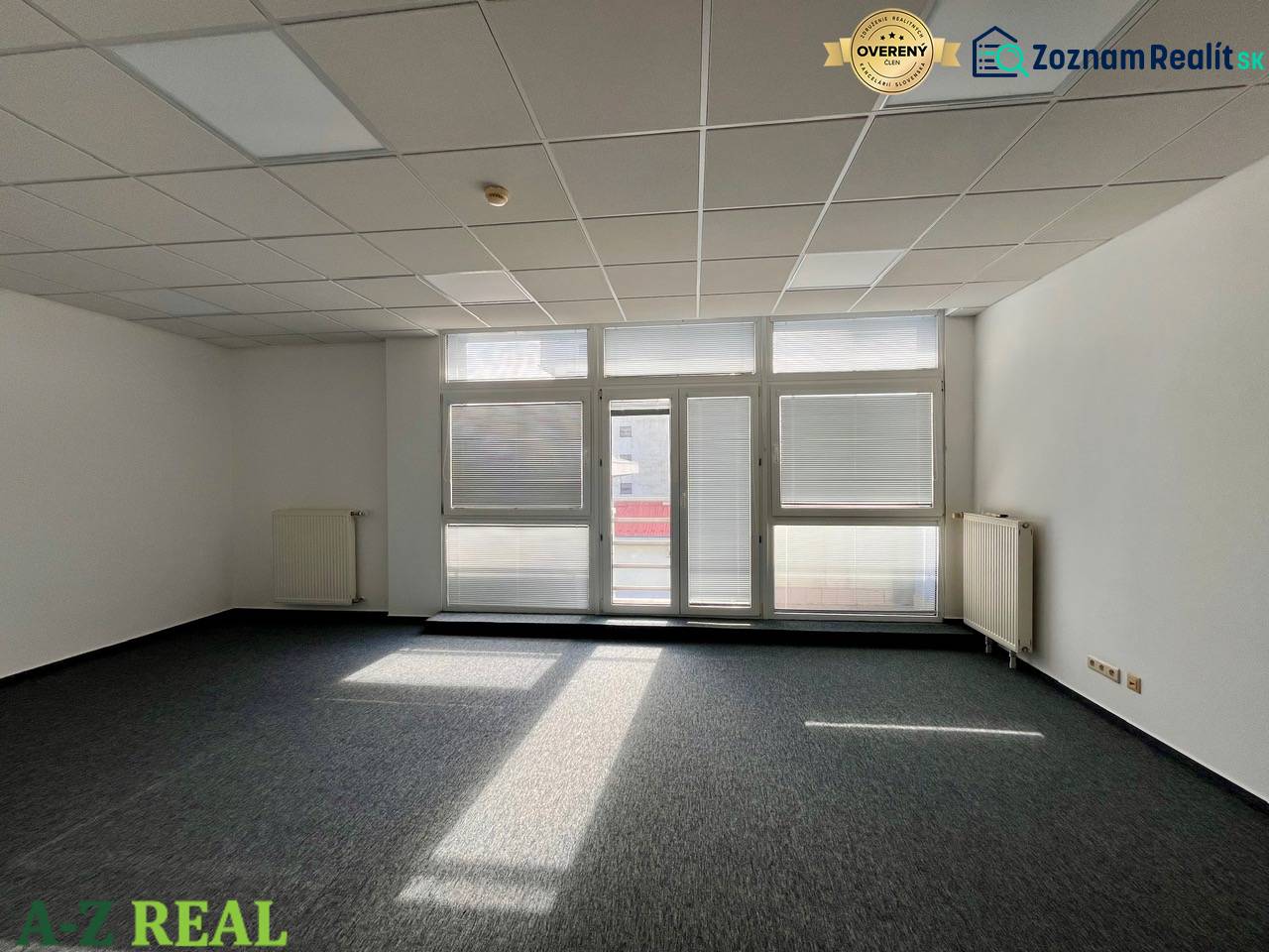 Offices with large windows and gray carpet, white walls, ceiling lighting.