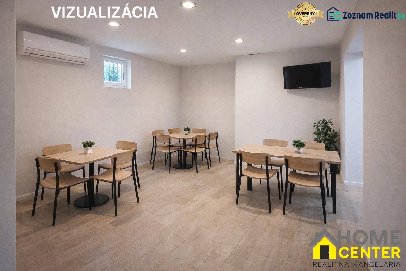 A simple interior of gastro spaces with wooden tables and a wooden decor floor.