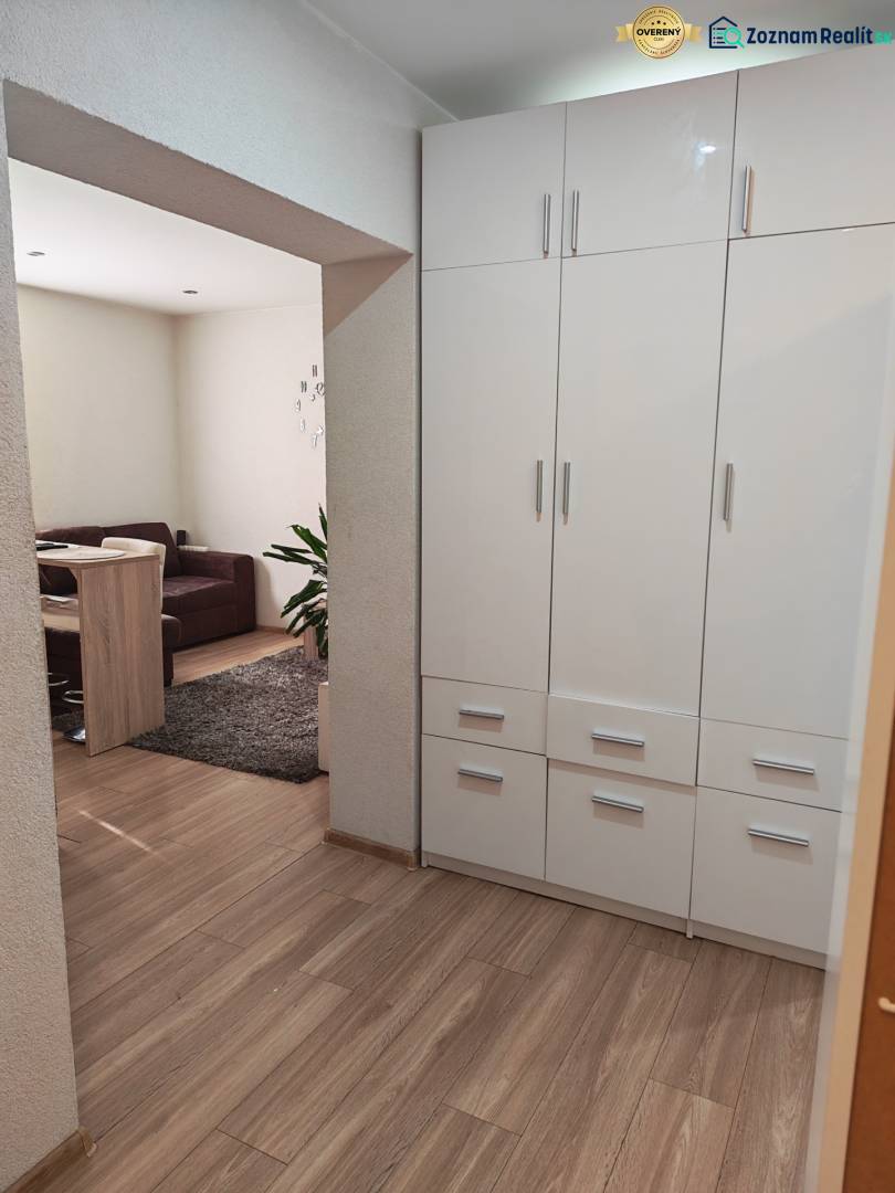 White built-in wardrobe and wooden decor flooring in a studio apartment.