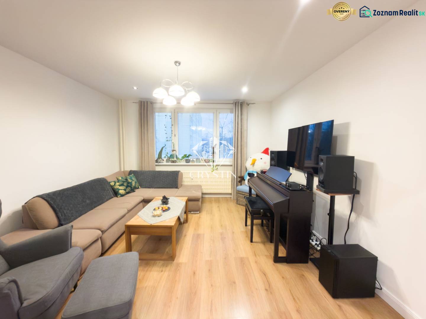 Living room in a 4-room apartment with a sofa and wooden decor flooring.