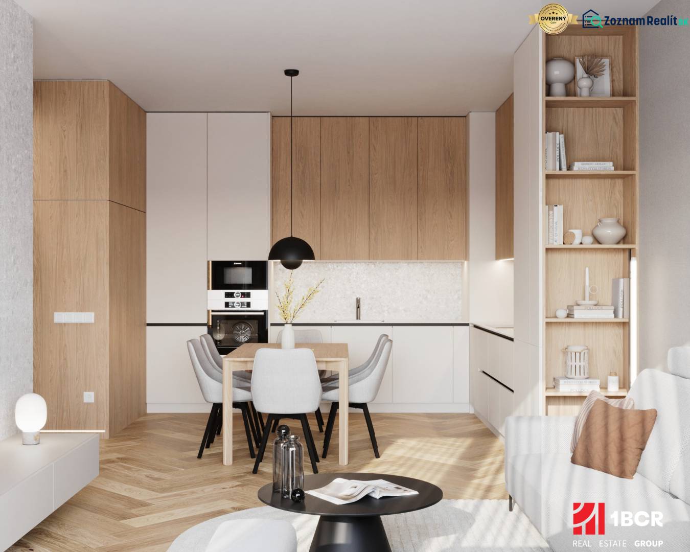 A kitchen with a table and a sofa in a 4-room apartment with a wooden decor floor.