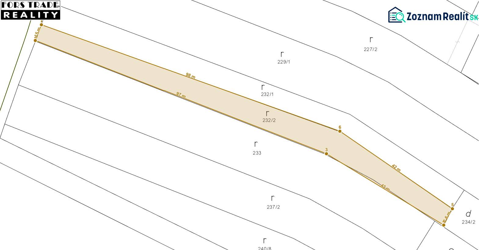 Map of residential plots in Tešedíkovo, showing plot number 232/2.