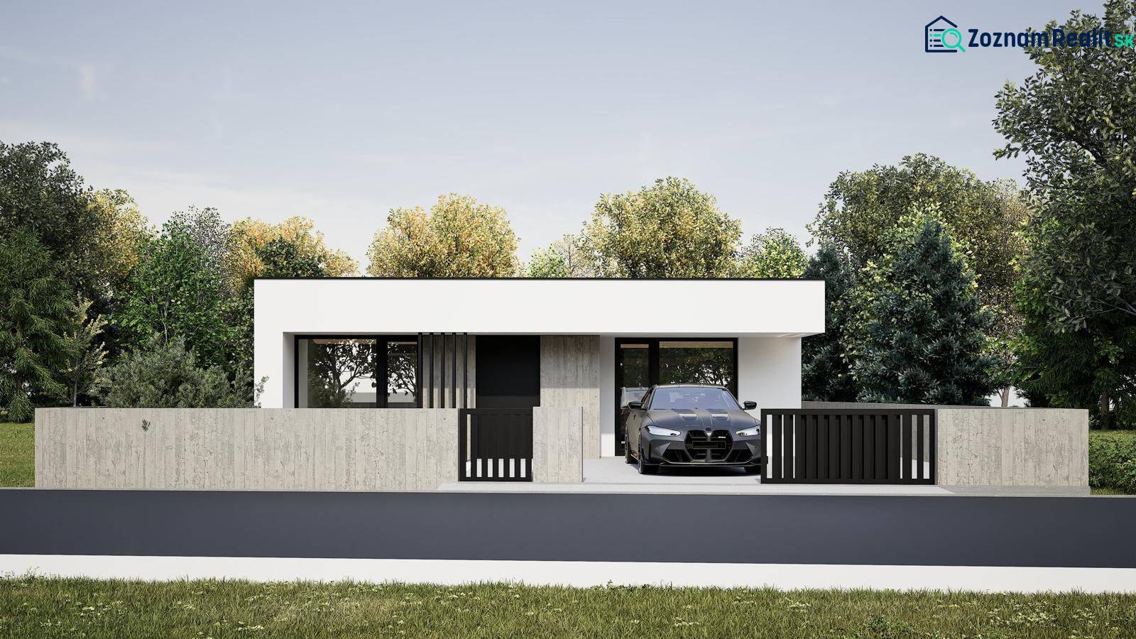A family house in Nesvady with a concrete fence and a garage next to a green environment.