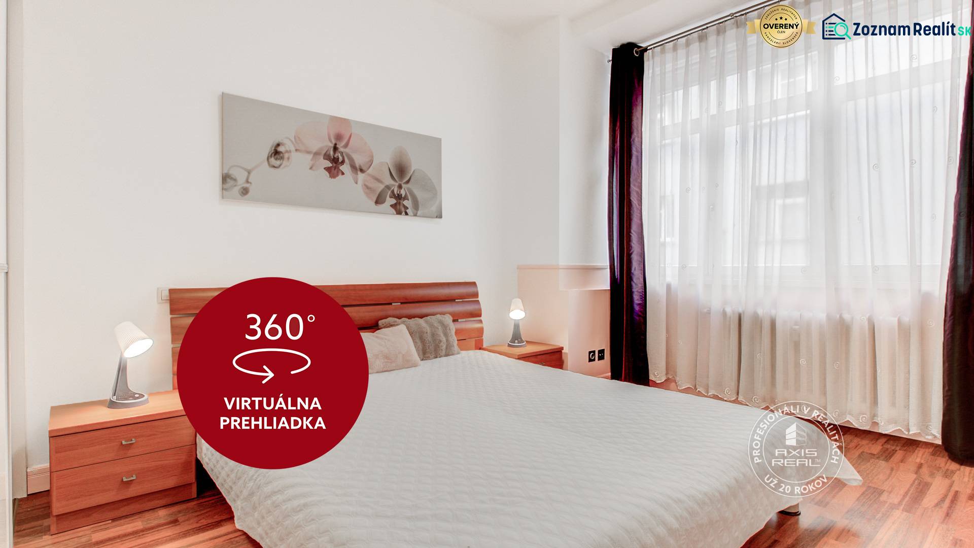 A bedroom in a 4-room apartment with a wooden decor floor and a large window.