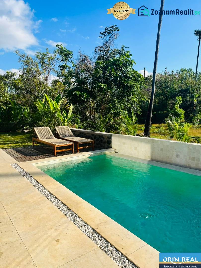 A swimming pool in a family house in Amede surrounded by greenery and a blue sky.