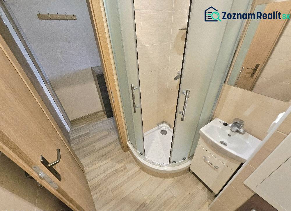 A bathroom in a studio apartment with a cassette shower and a wooden decor floor.