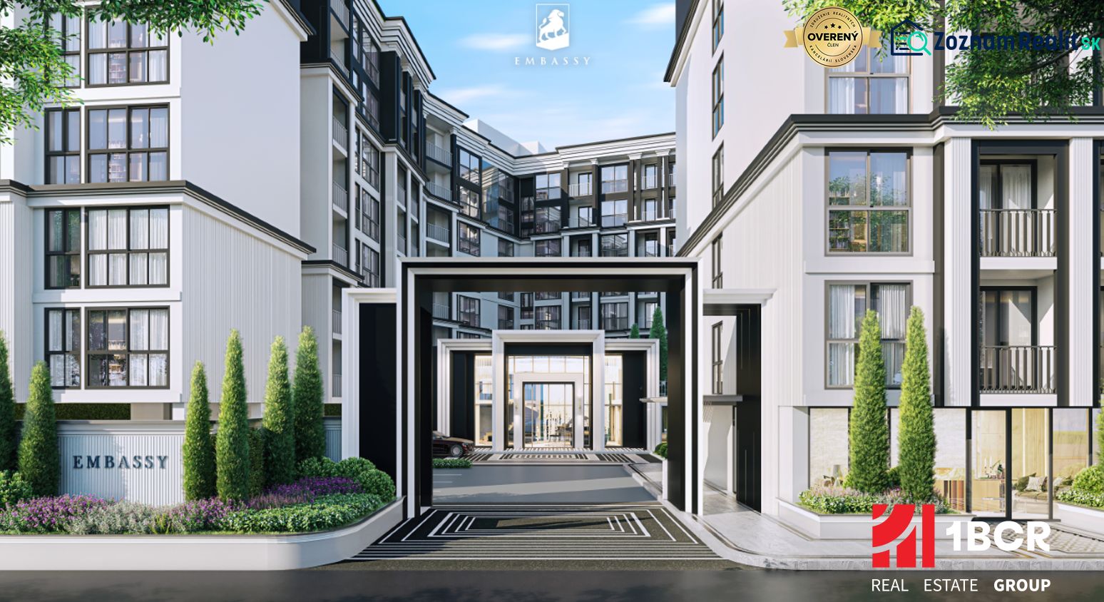 Apartment construction in Pattaya with modern design and landscaped surroundings.