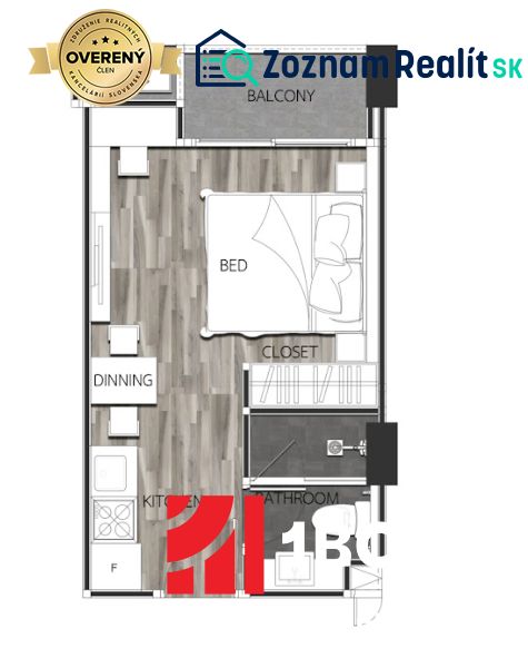 Floor plan of a 1-bedroom apartment with a kitchen, bathroom, and balcony.