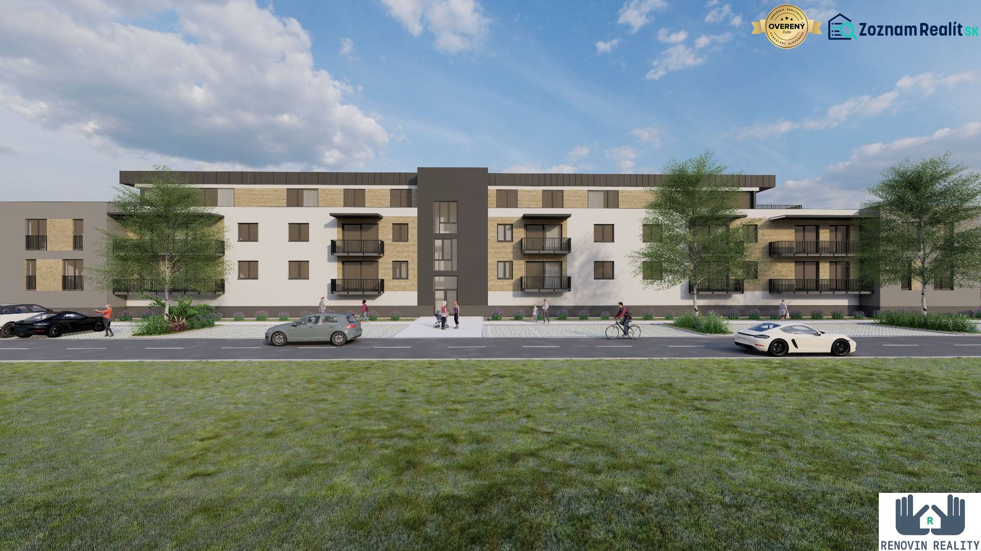 Construction of apartments in Kriváň with cars and pedestrians, surrounded by greenery.