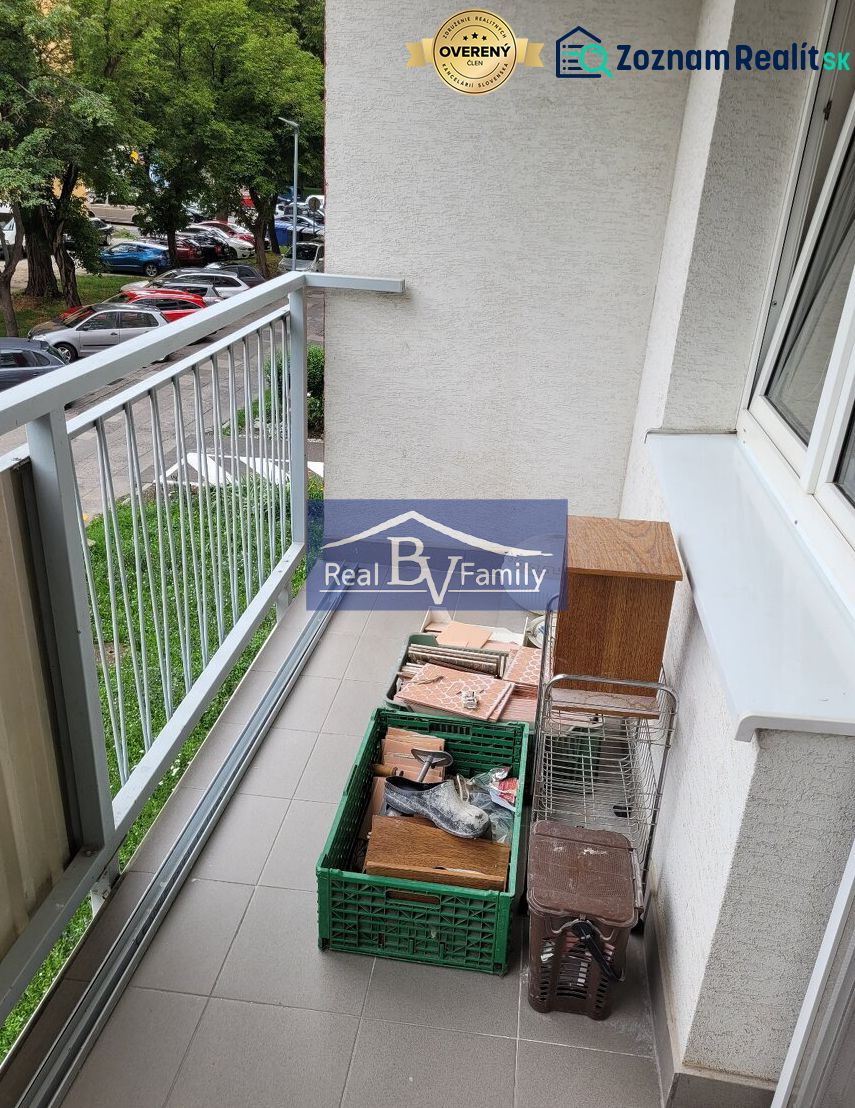 Balcony of a 3-room apartment with a view of Ostredková Street in Bratislava-Ružinov.