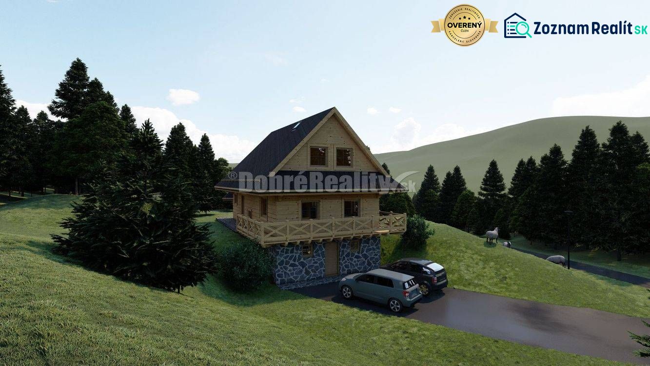 A wooden cabin with a sloped roof in the mountainous region of Kremnické Bane, suitable for living.