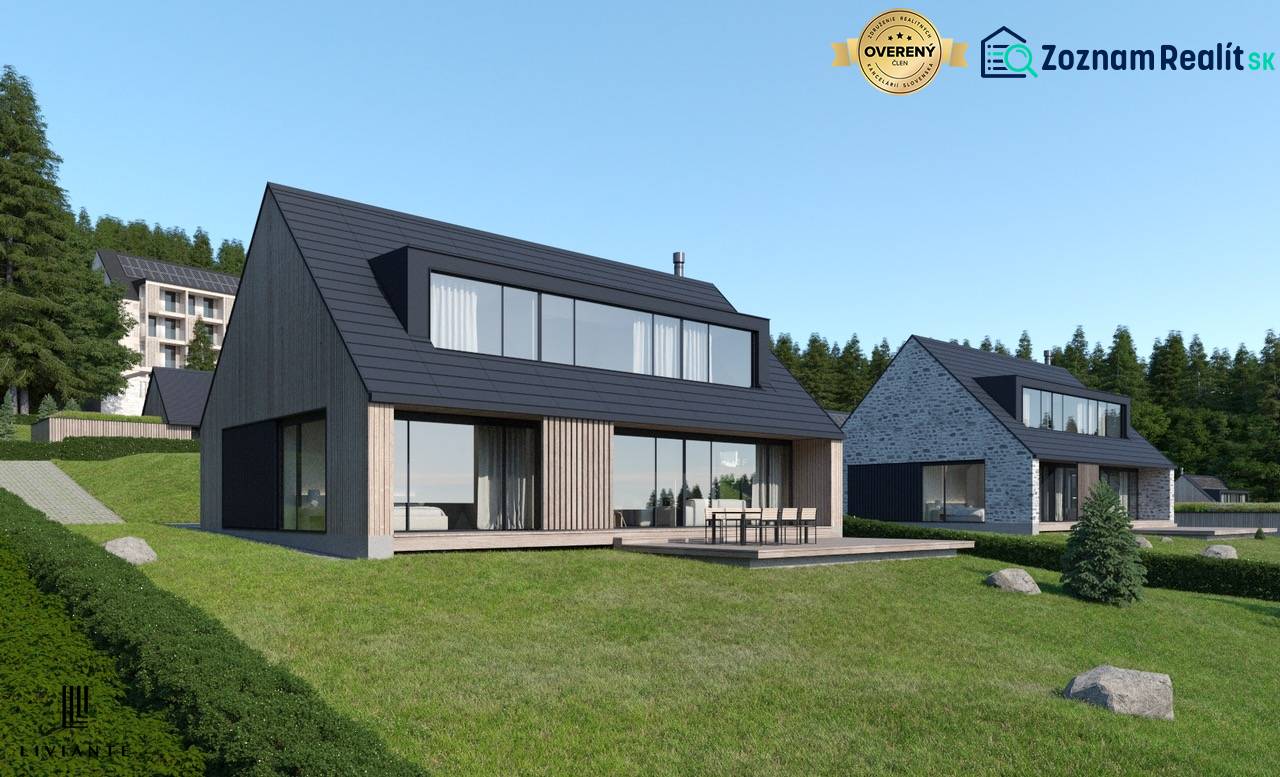 Visualization of development plots in Tajov with modern houses set in a natural environment.