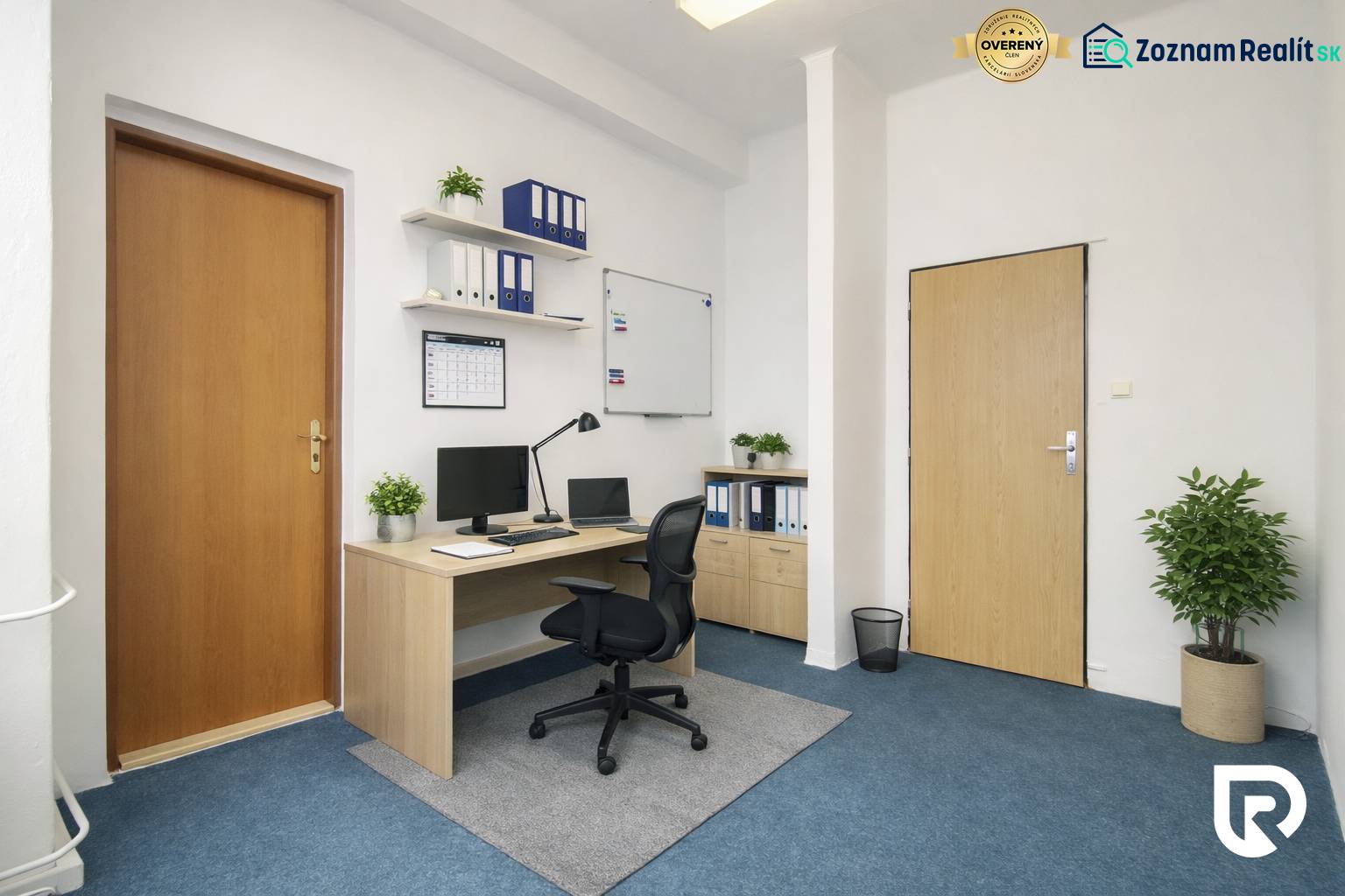 Offices with blue carpet and wooden furniture, meeting room, shelves with documents, plants.