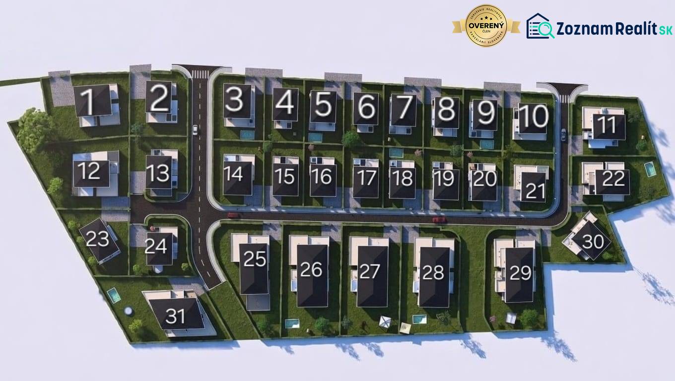 Visualization of residential plots in Palárikovo with designation of individual parcels.