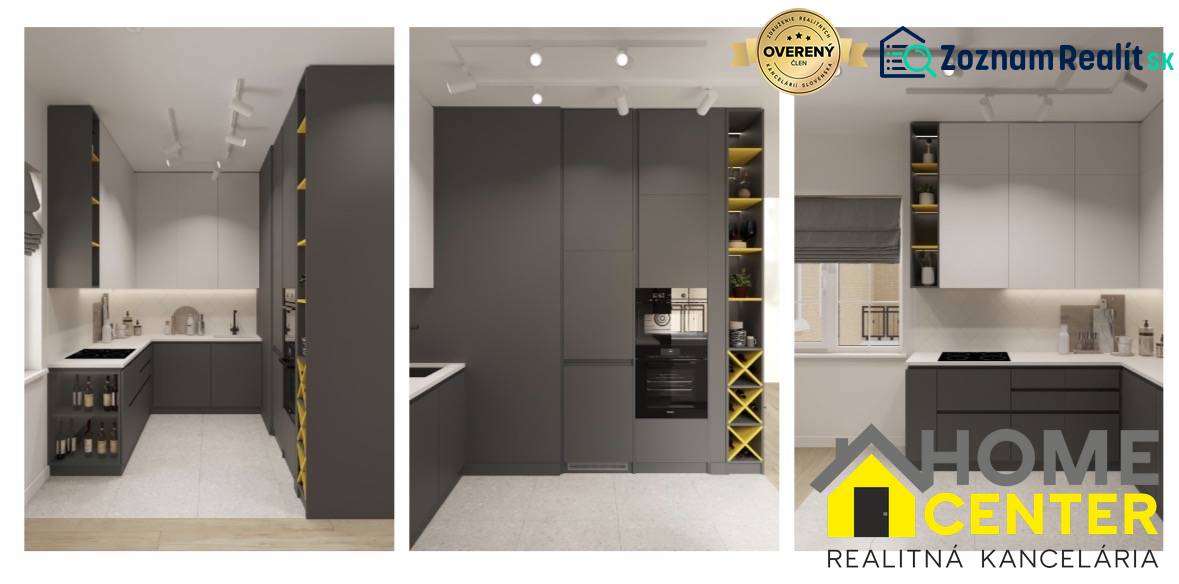 A kitchen in a studio apartment with dark cabinets and storage space.