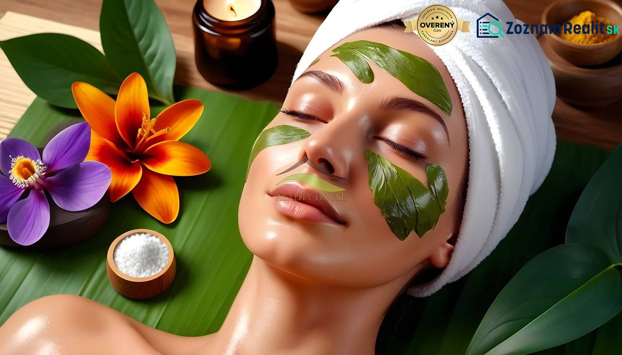 A woman with a mask made of leaves in a salon business space, surrounded by flowers and candles.