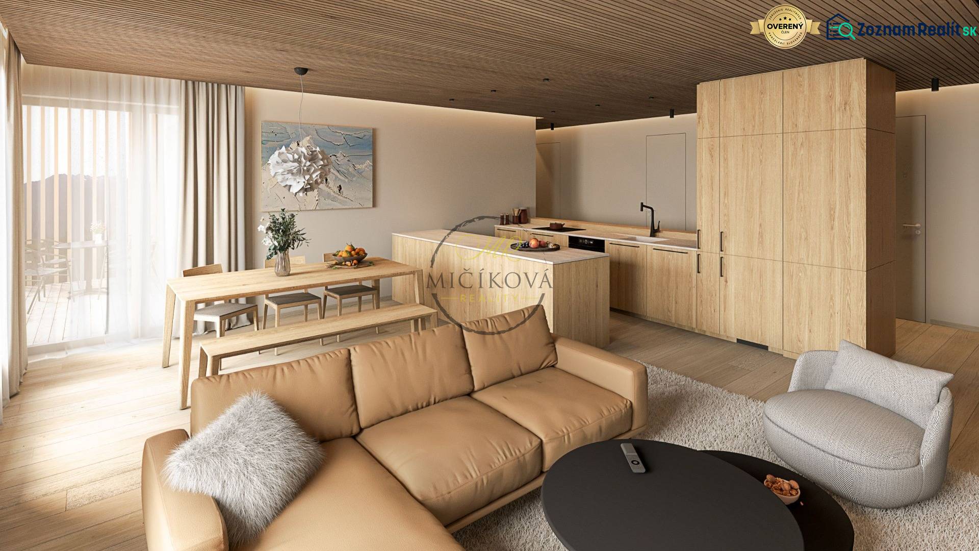 Living room in a 4-room apartment with a wooden decor floor and a dining table.