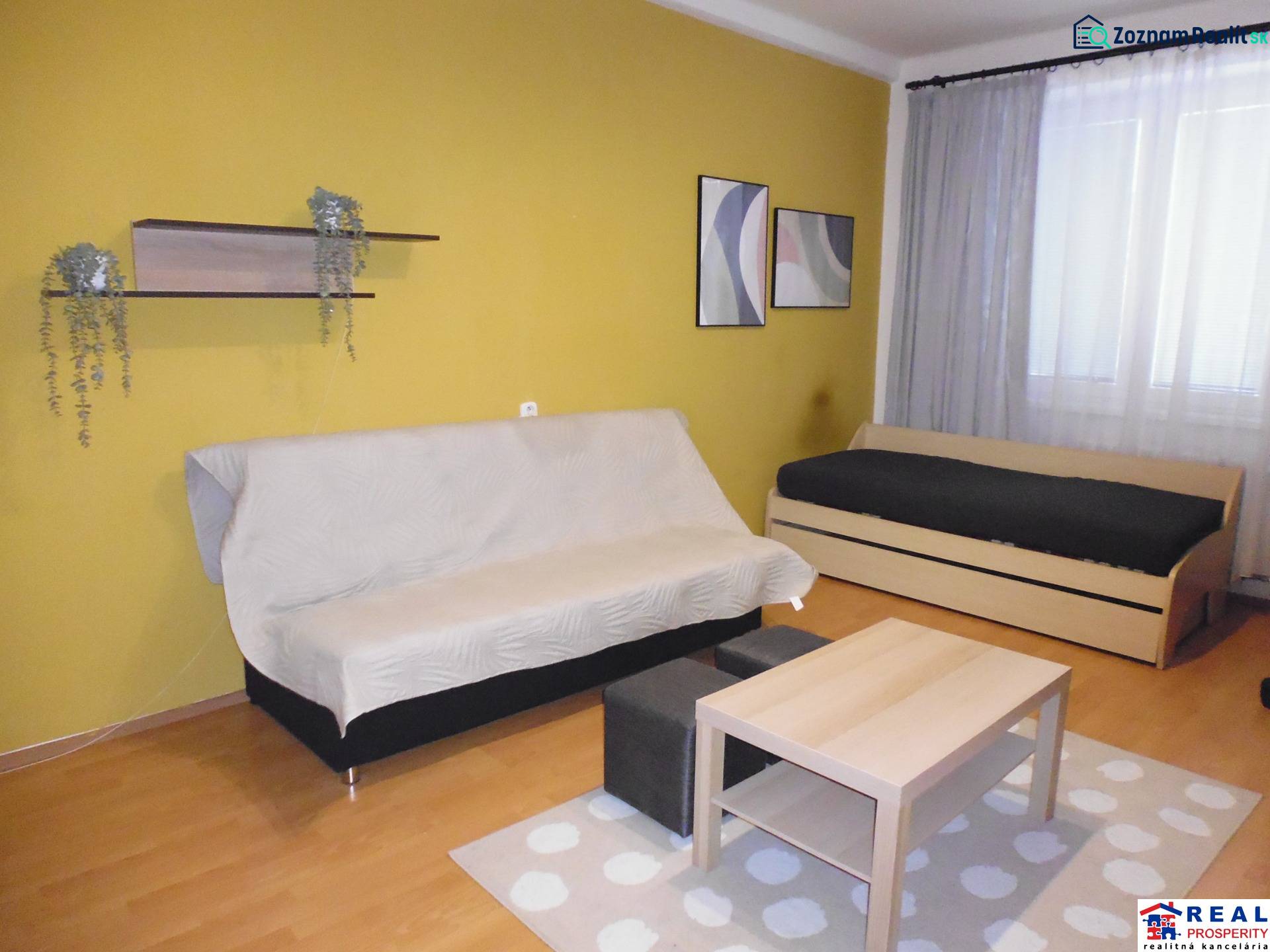 Living room in a one-room apartment with wood-patterned flooring, a yellow wall, and a sofa.