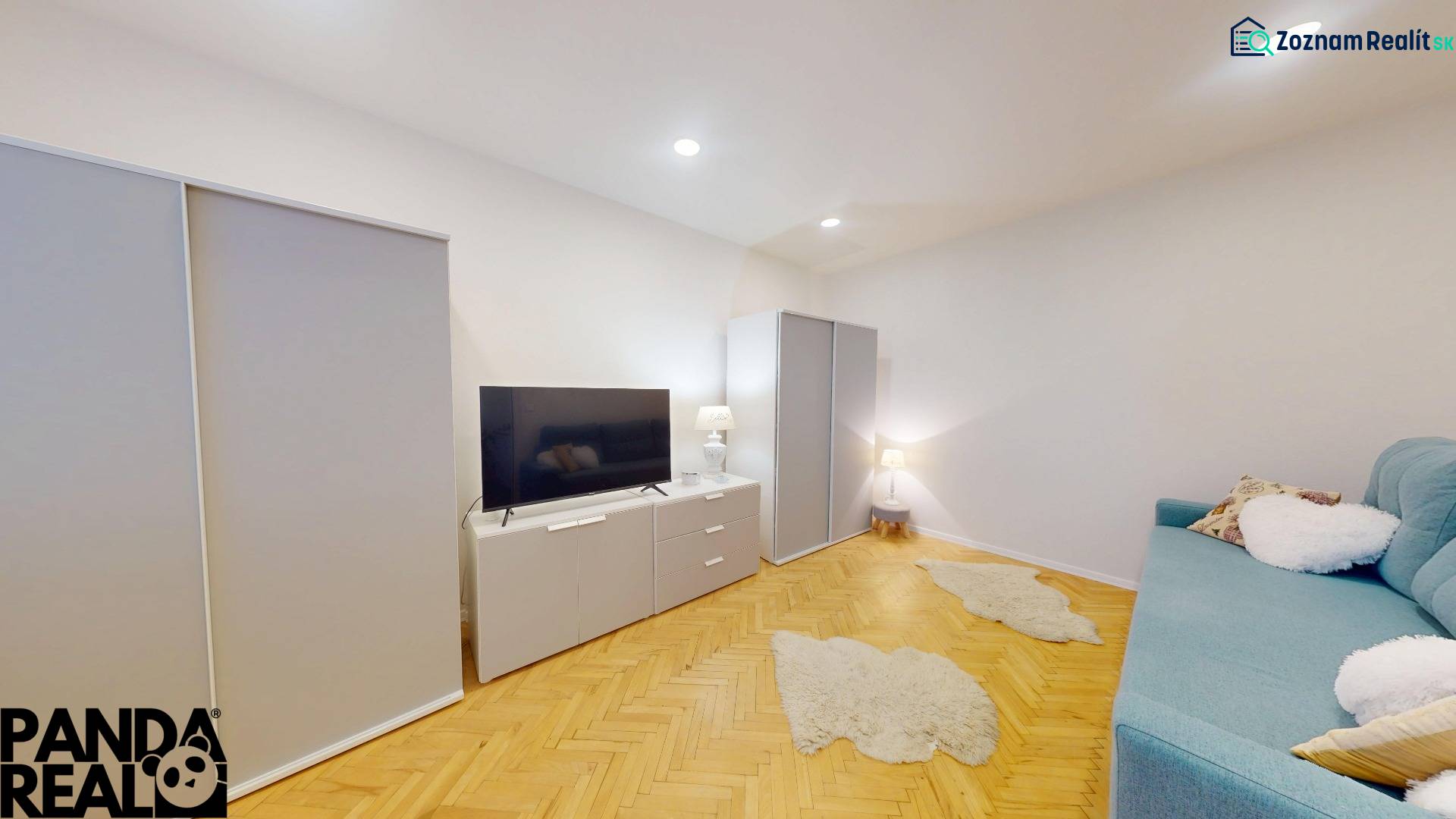 Living room in a studio apartment with a couch, television, and wood-patterned flooring.