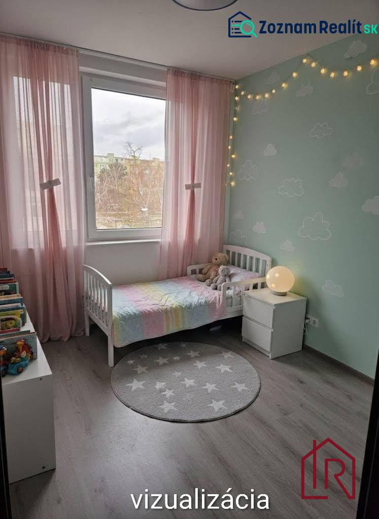Children's room with ceiling lights, a bed, and a wooden decor floor in a 3-room apartment.