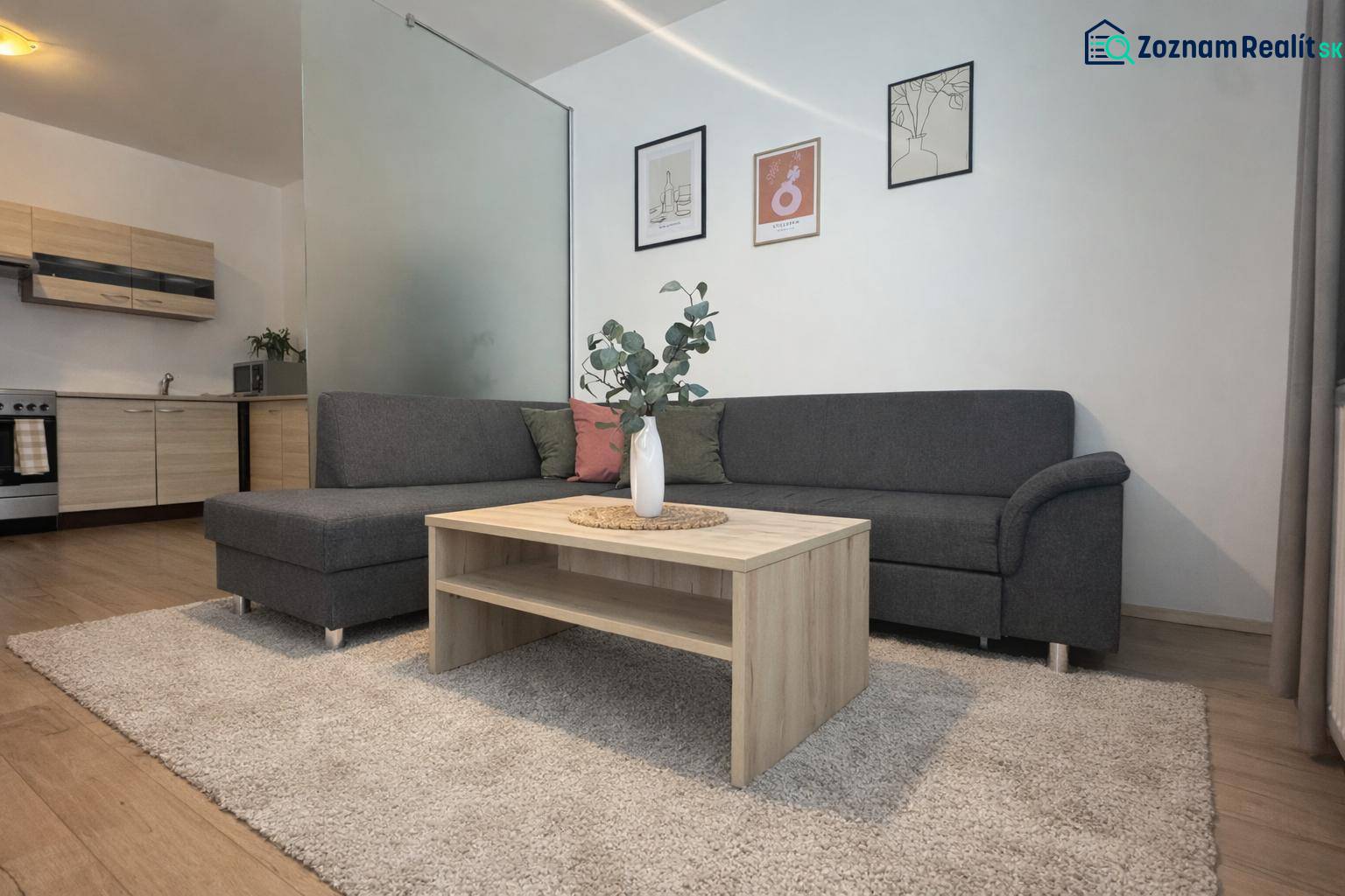 Gray sofa with a wooden coffee table and kitchen in a 3-room apartment.