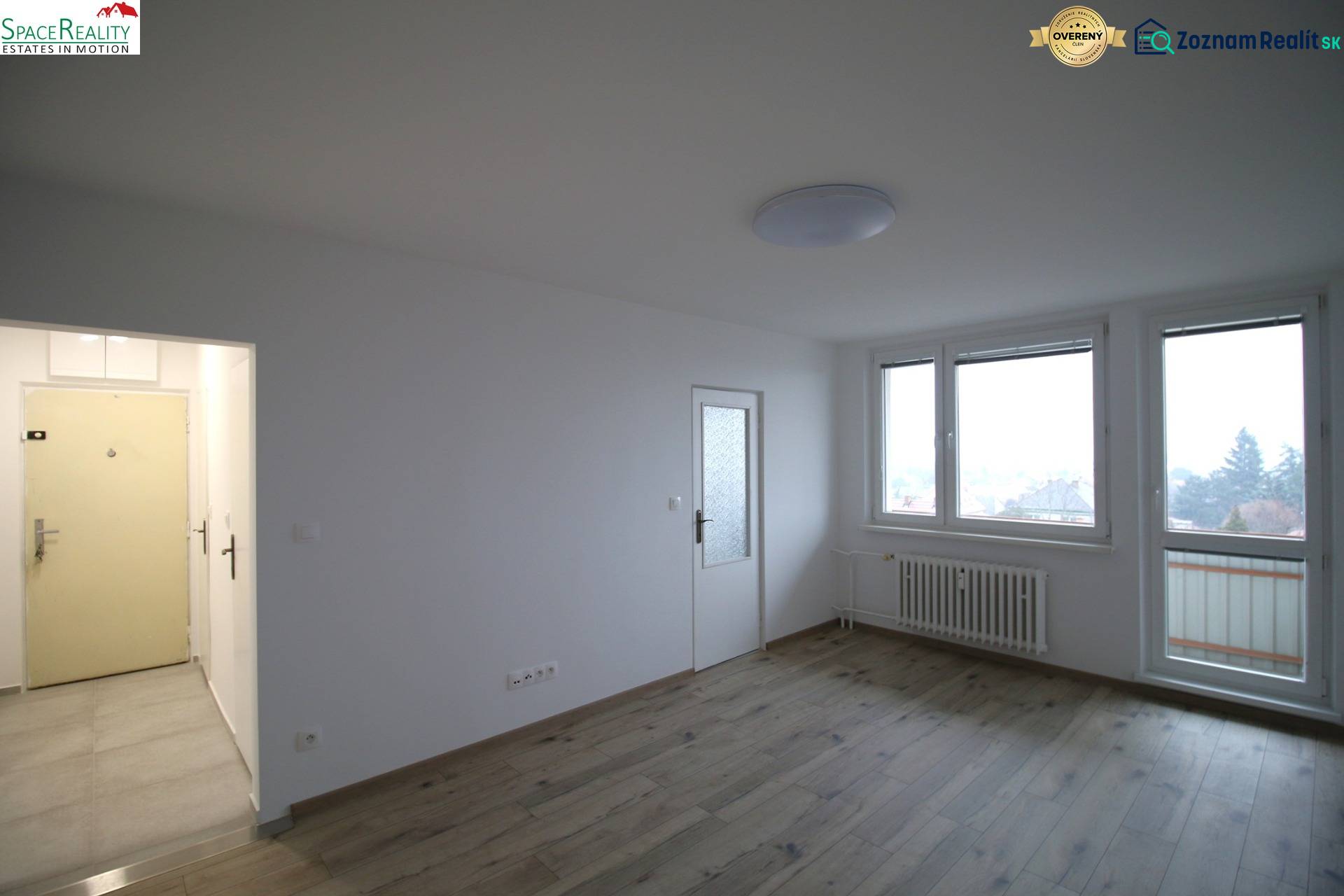 Living room in a 3-room apartment with windows, doors, and a floor with a wooden decor.