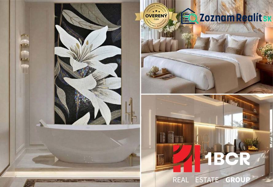 Luxury bathroom with mosaic, cozy bedroom, and modern kitchen in a 2-room apartment.