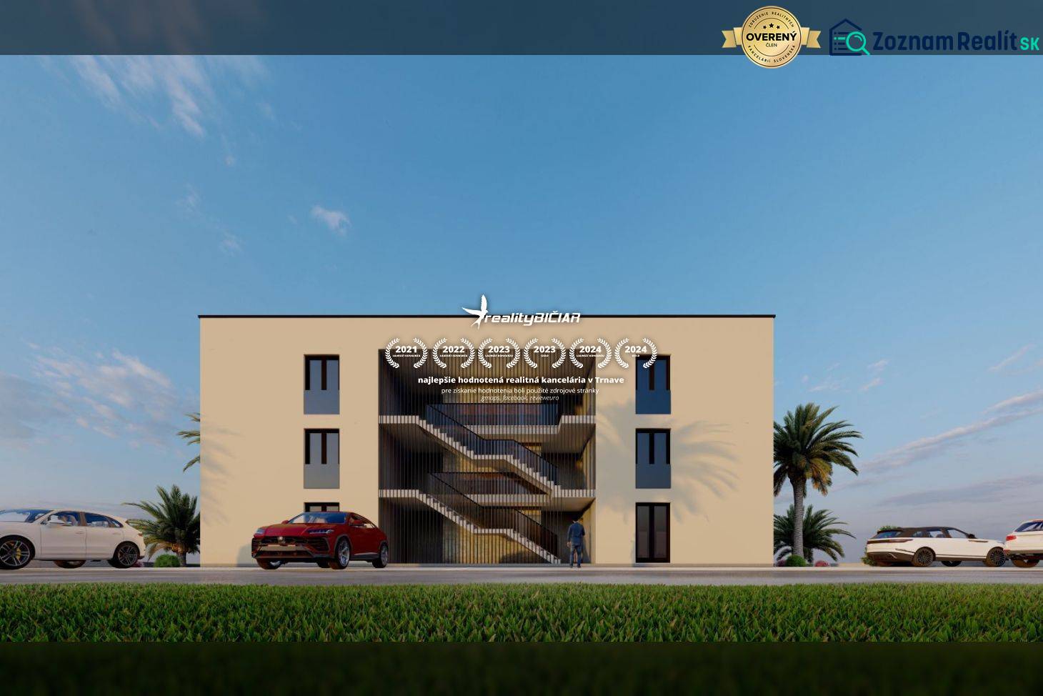 A building in Nin with a parking lot, palm trees, and a modern facade on a postcard.