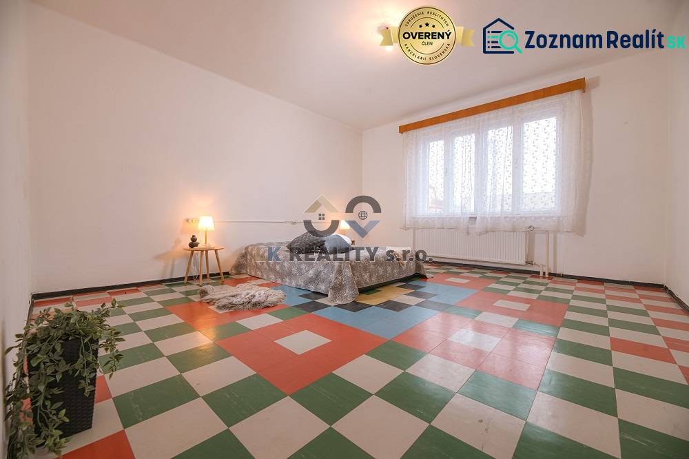 A room in a family house with a colorful floor, a bed, and a plant.