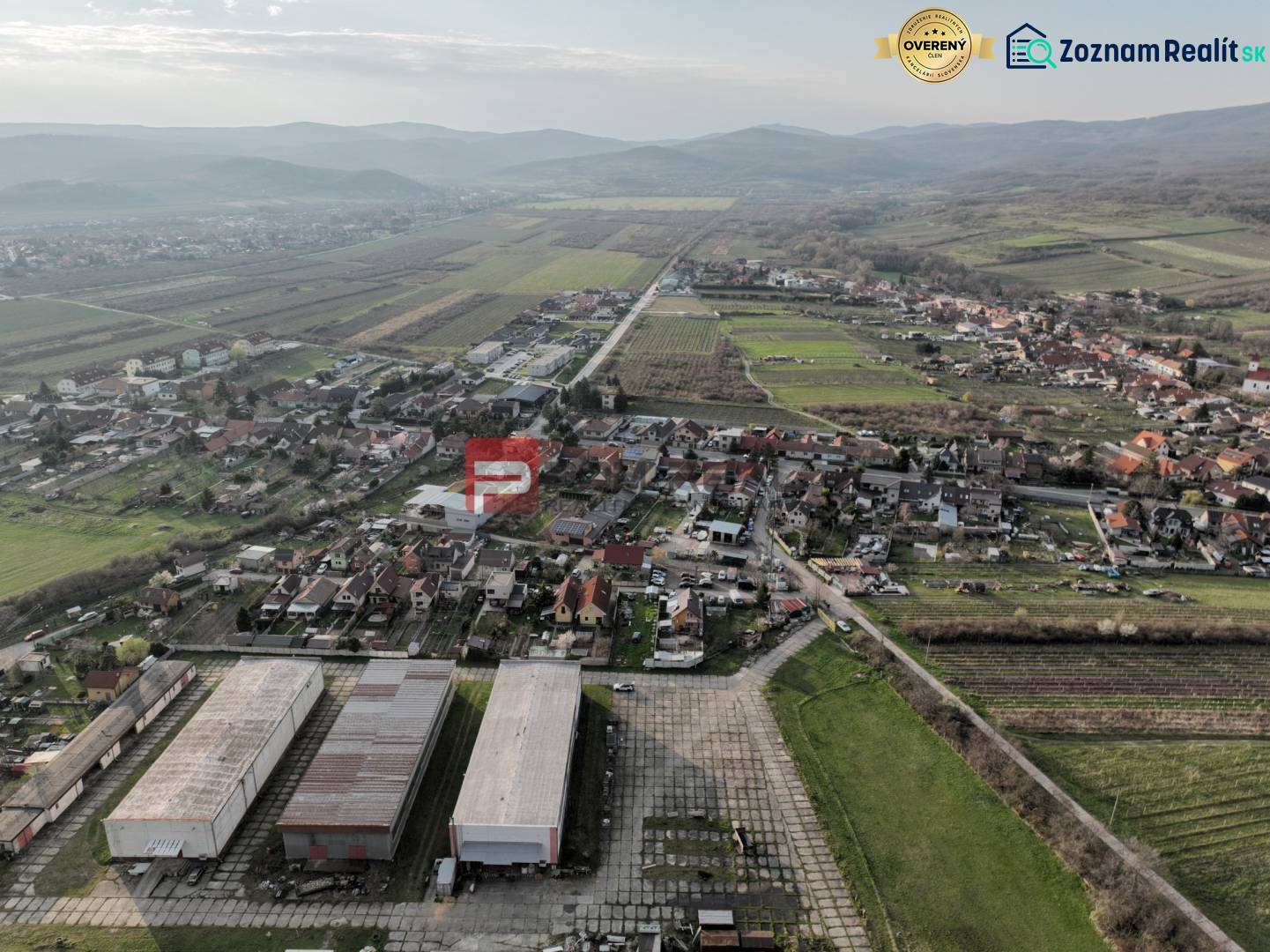 Aerial view of the manufacturing facilities around Pezinská Street in the town of Vinosady.