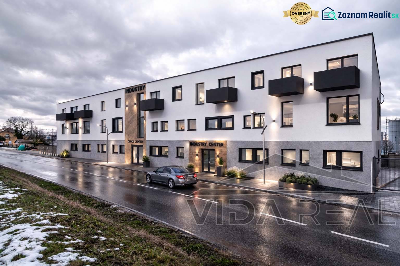 The building on Nádražná Street in Šenkvice, Warehouses and Halls, with evening lighting.