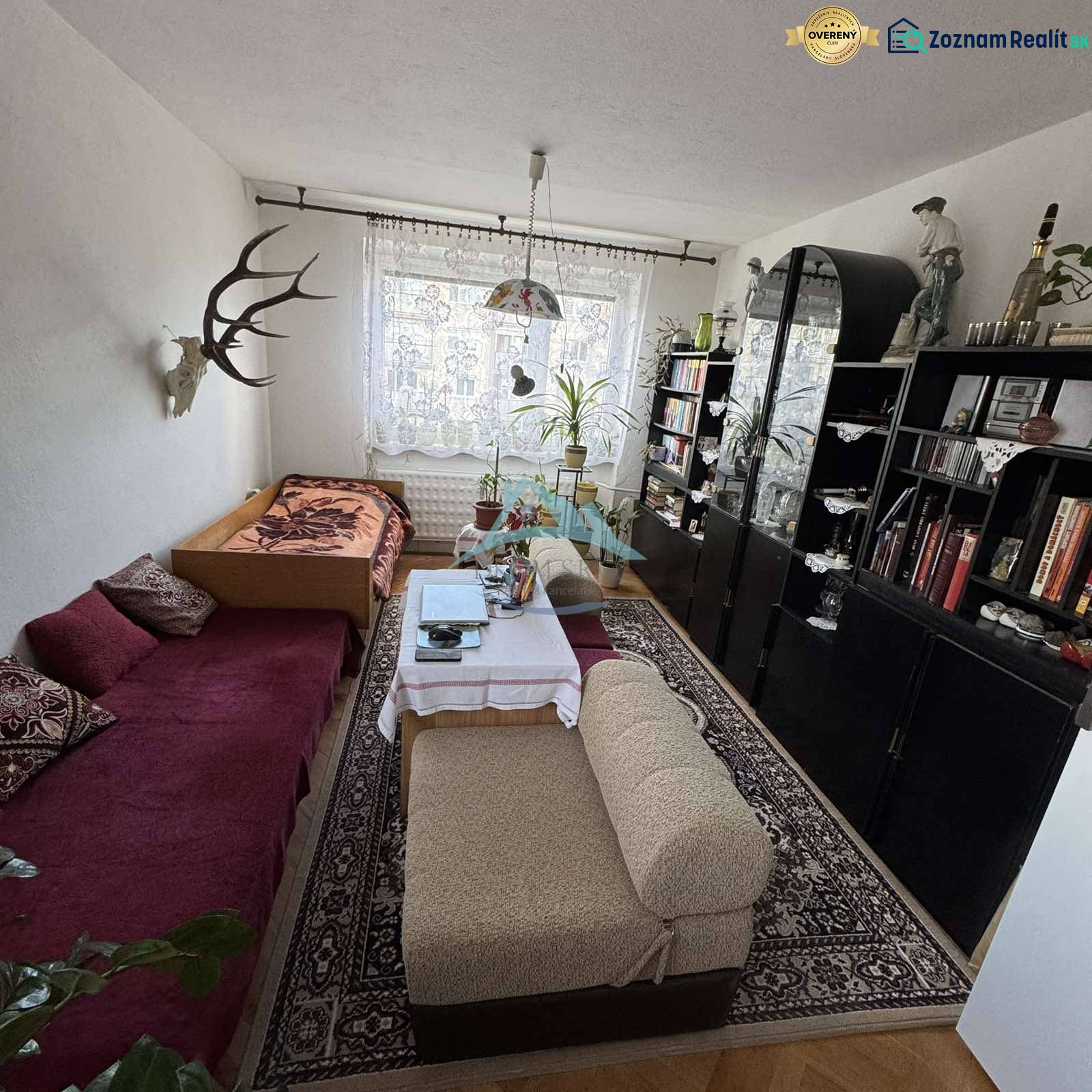 Living room with a sofa, armchairs, shelves, plants, and decorations in a 4-room apartment.