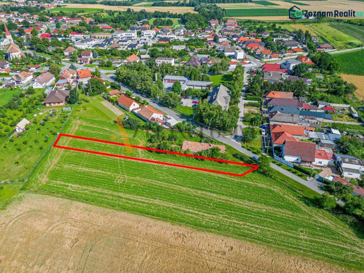 Aerial photograph of gardens in Košúty on Kosuty Street with a marked parcel.