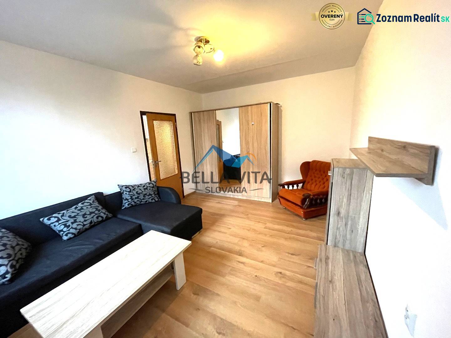 Living room in a studio apartment with a sofa and wood-patterned flooring.