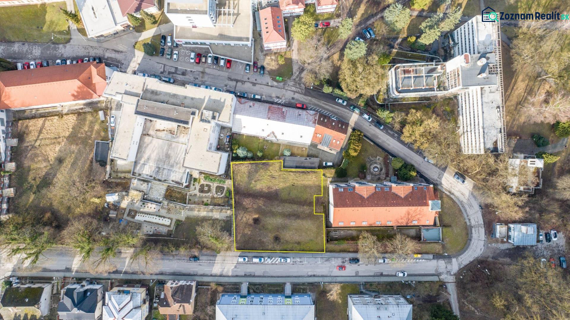 Aerial view of commercial land on Hurbanova Street in Trenčianske Teplice.