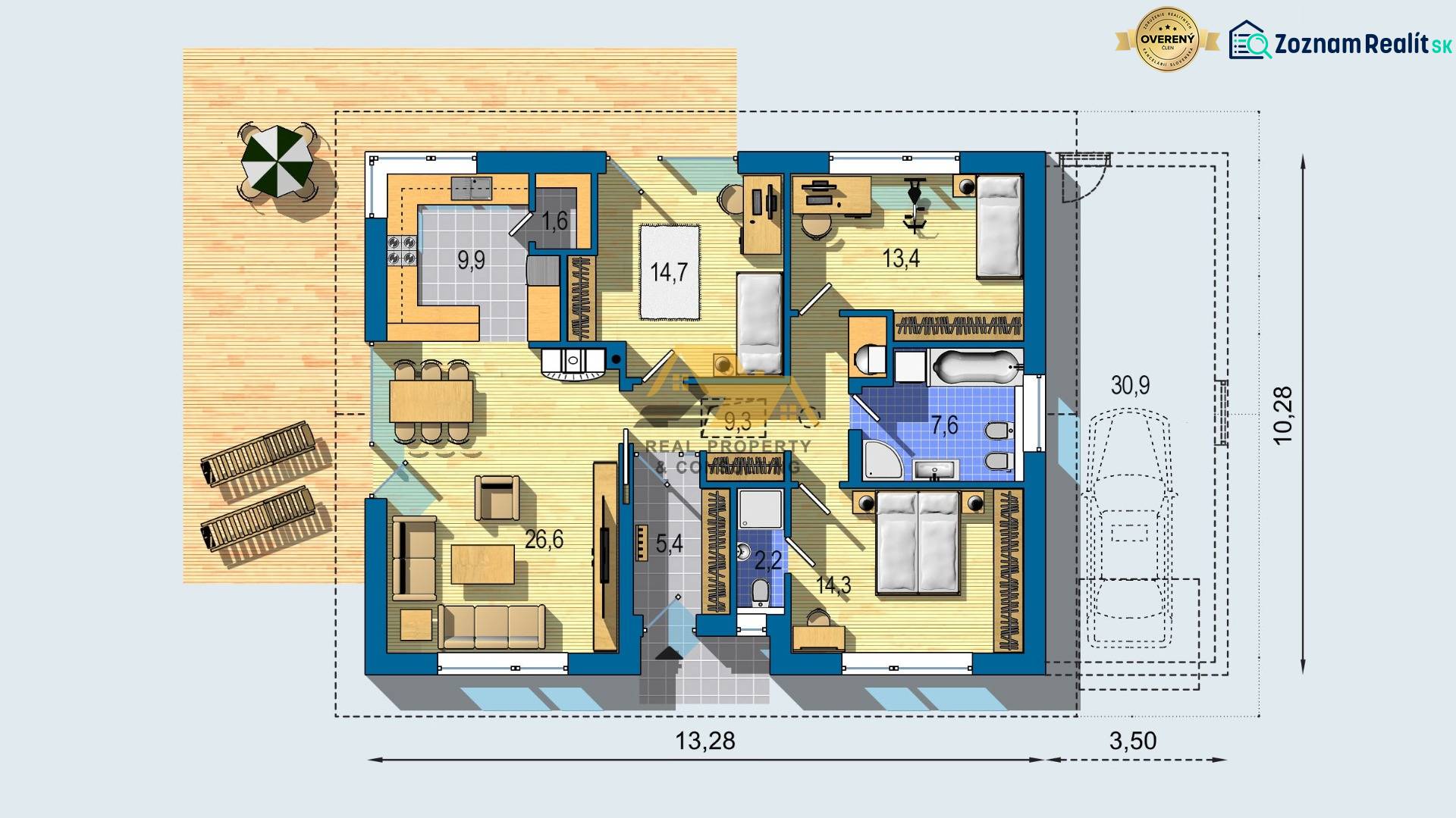 Floor plan of a family house with a terrace, wooden decor flooring, and a garage.