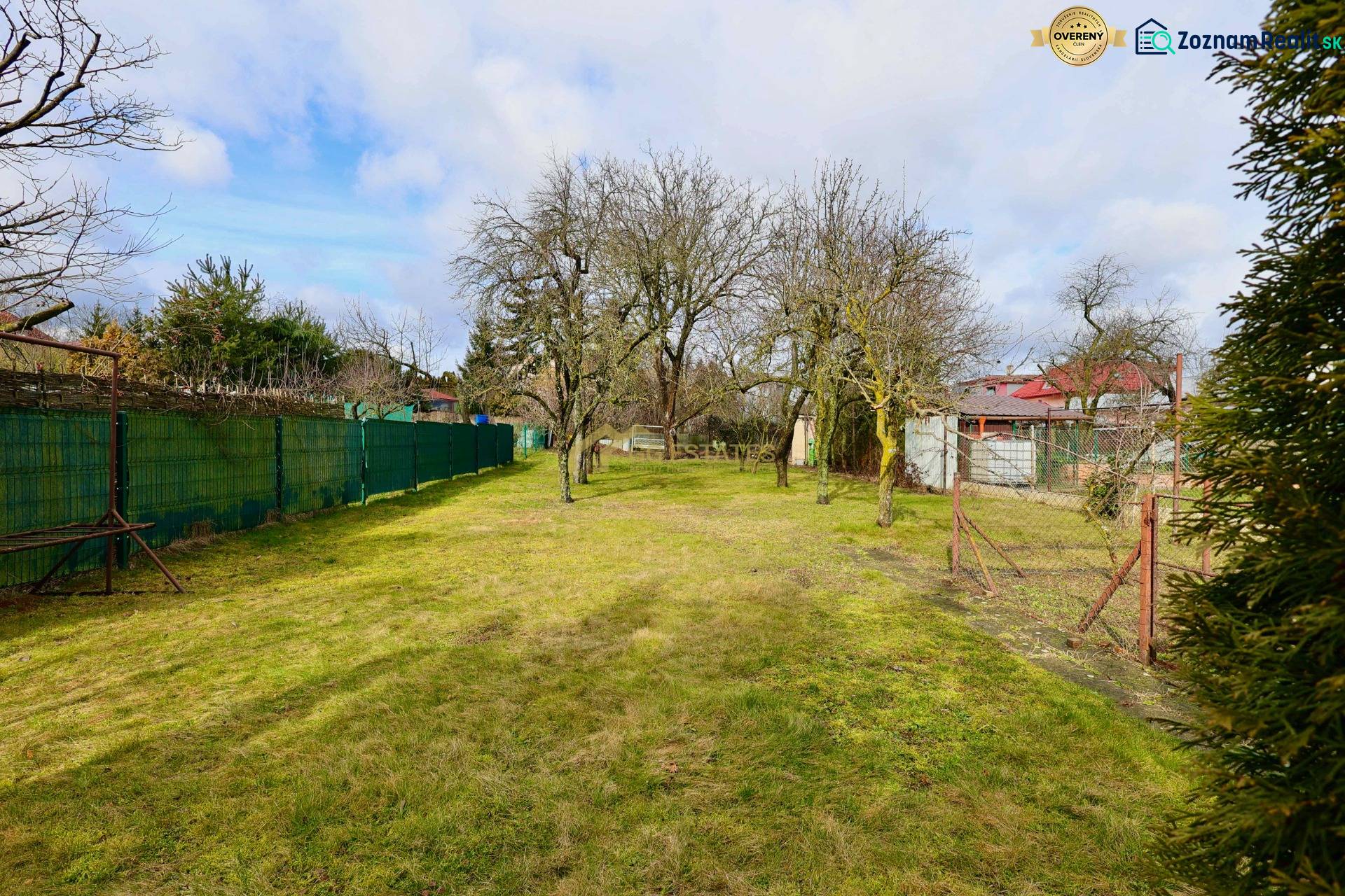 A garden in a family house on Kalinčiakova Street in Michalovce with a lawn and trees.