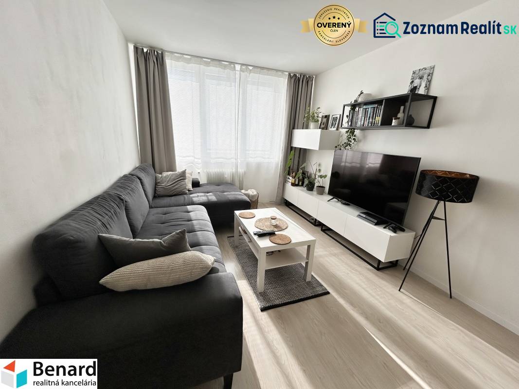 Living room in a two-room apartment with a wooden decor floor and a sofa.