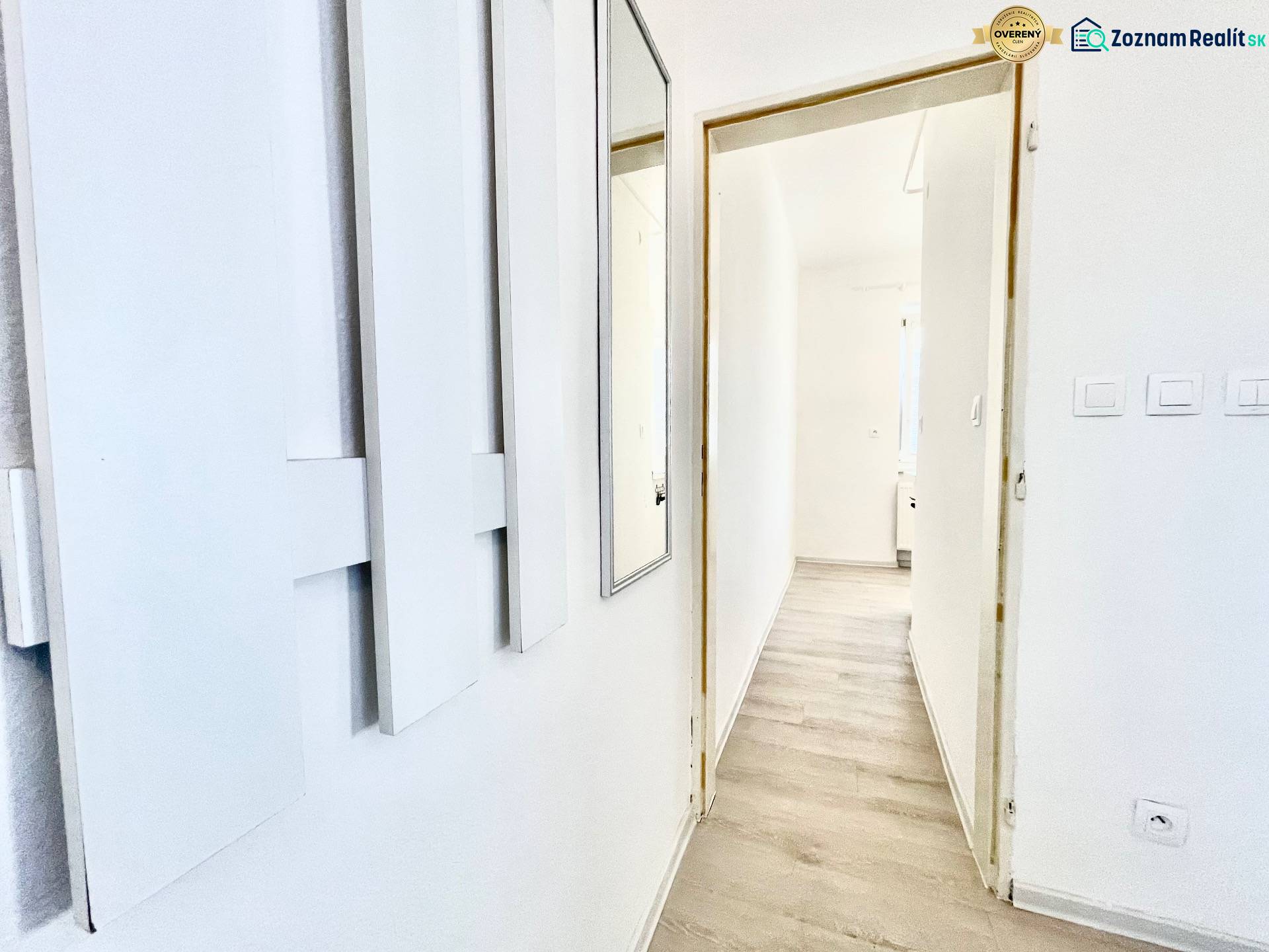 White interior with a hallway in a studio apartment and a wooden decor floor.