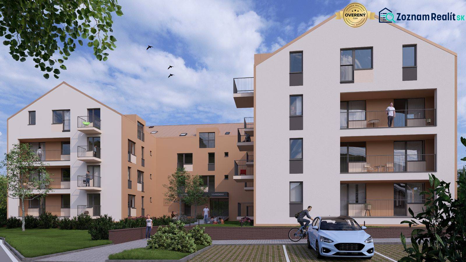 An apartment building in Poprad with balconies, green surroundings, and parked cars.