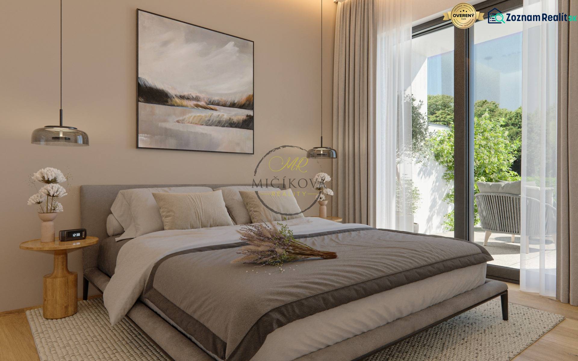 Bedroom in a family house with large windows, wooden decor flooring, and a painting on the wall.