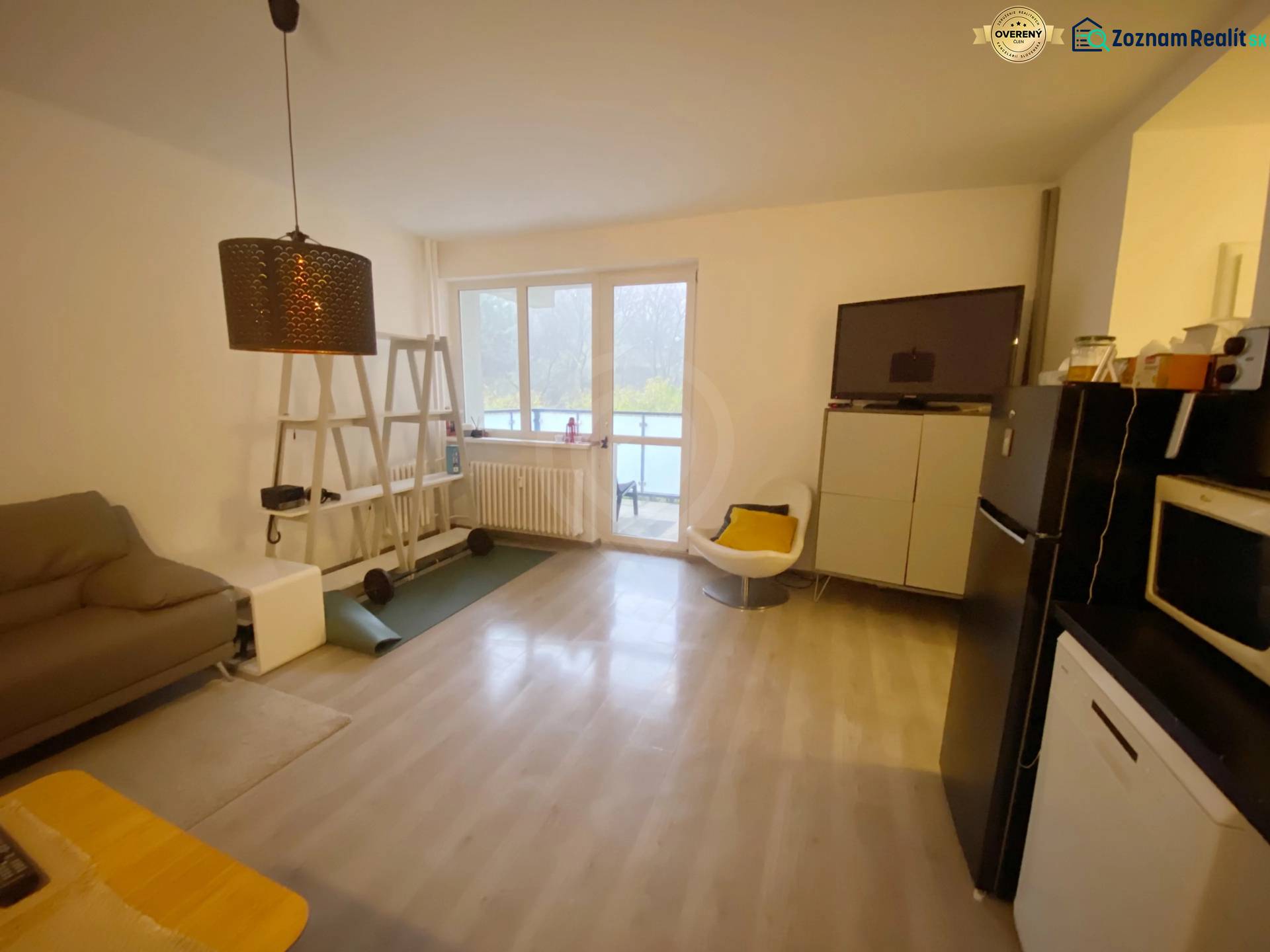 Living room with wood-patterned flooring, a sofa, and a television in a 2-room apartment.