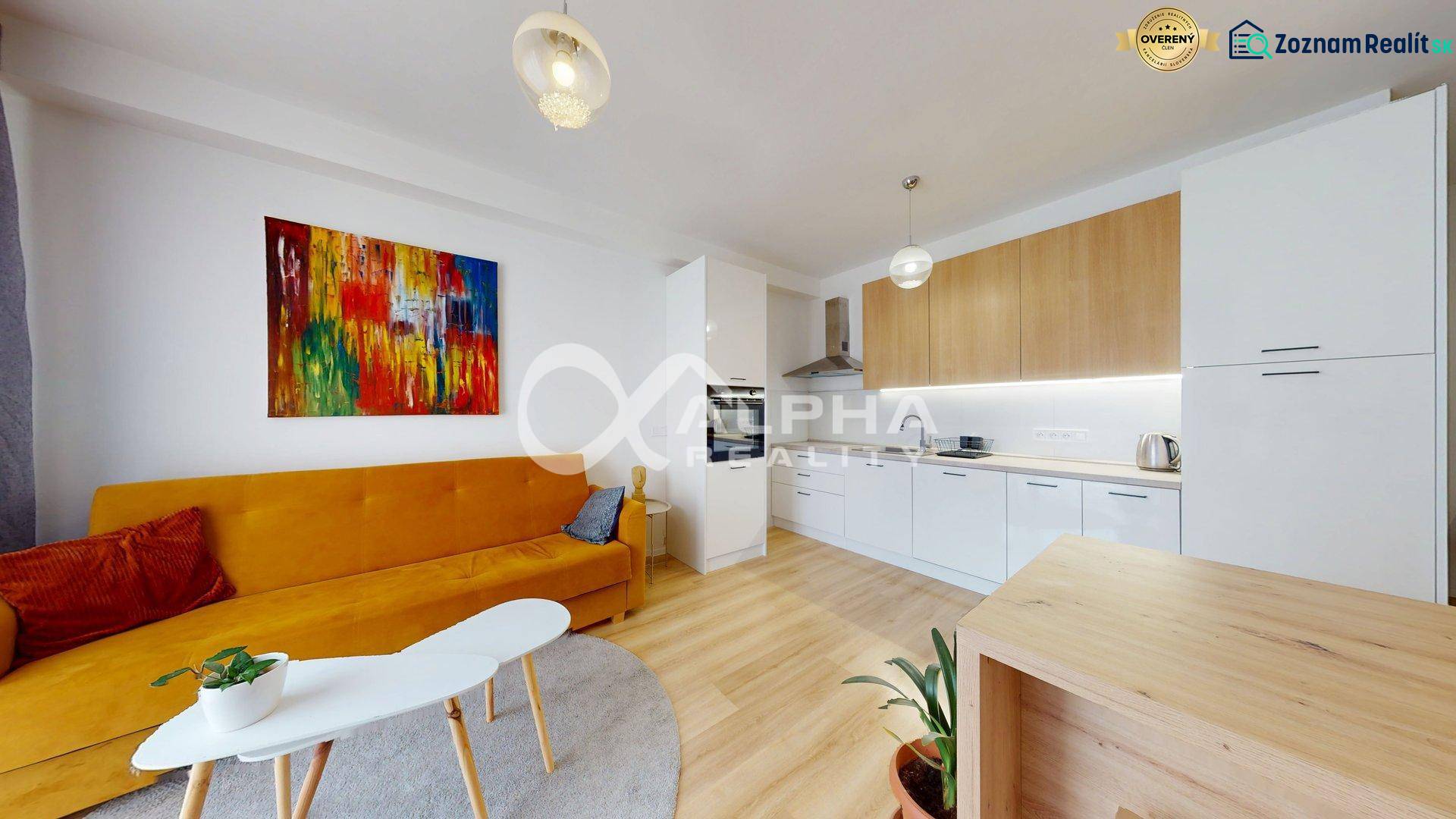 Living room of a two-room apartment with a colorful painting, sofa, and kitchen, floor with wooden decor.