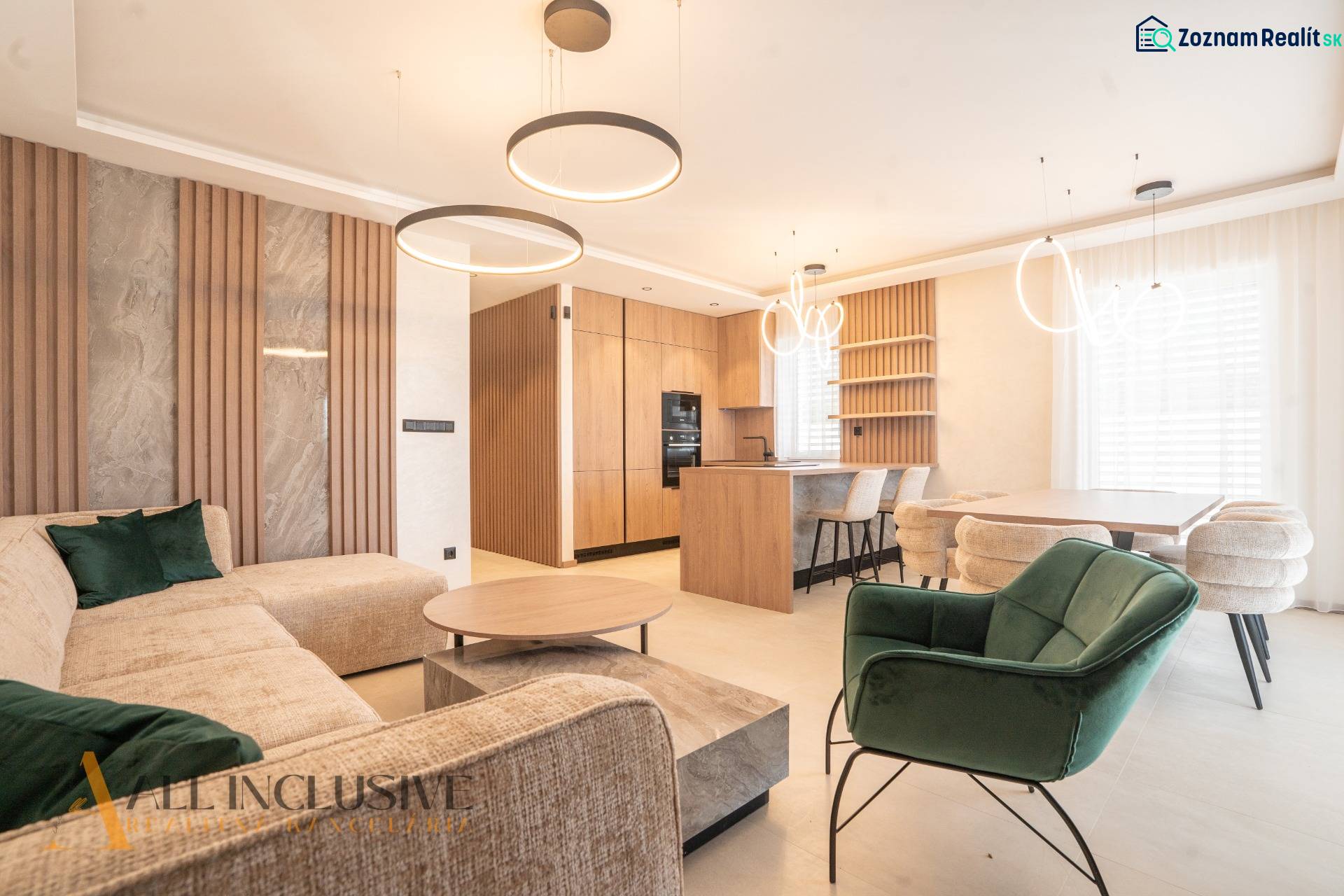 A living room in a family house with a wooden decor floor and modern furniture.