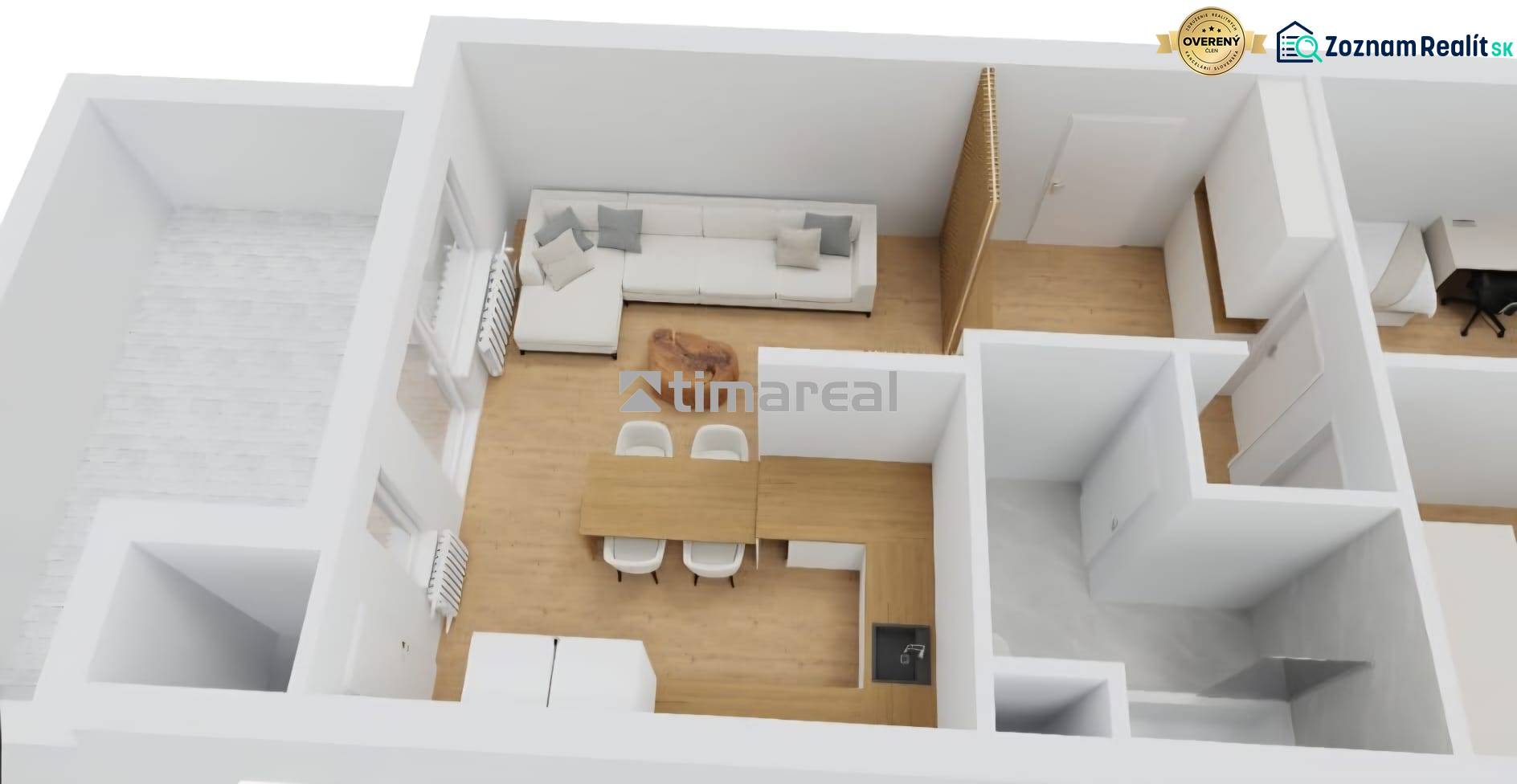3D floor plan of a 3-room apartment with a sofa and a dining table, floor with wooden decor.