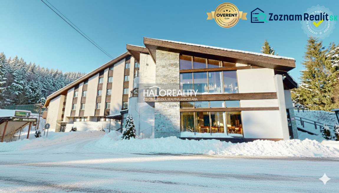 The image shows a hotel with a snowy landscape in Vyšná Boca, Hotels and guesthouses.