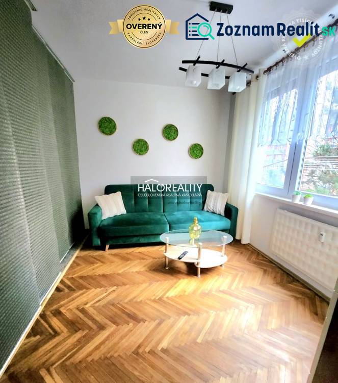 A living room with wood-patterned flooring, a green sofa, and a round table in a studio apartment.