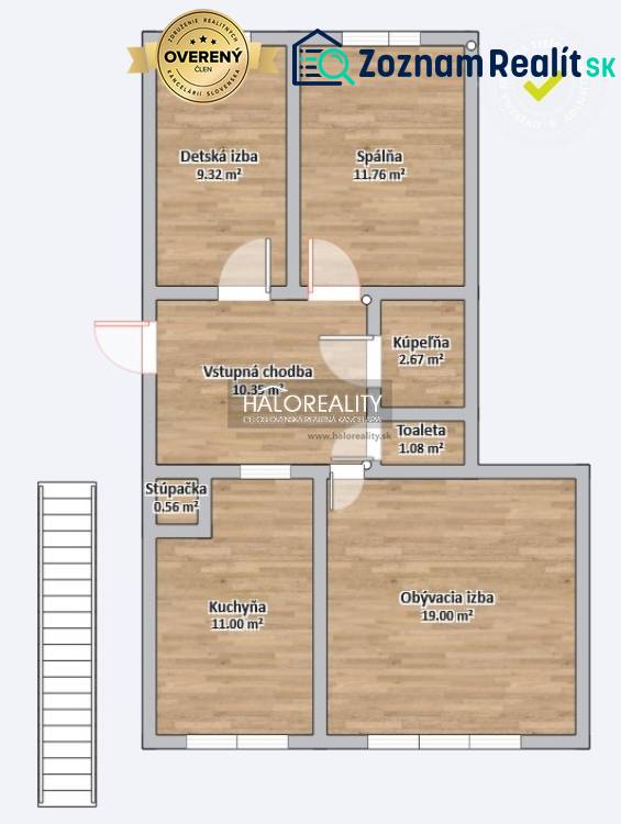 Floor plan of a 3-room apartment with a practical layout, floors with a wooden decor.