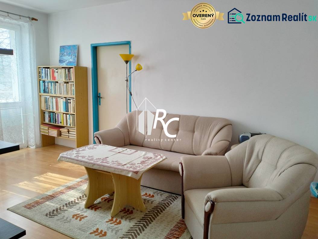 Living room in a two-room apartment with a sofa, an armchair, a bookshelf, and a window.